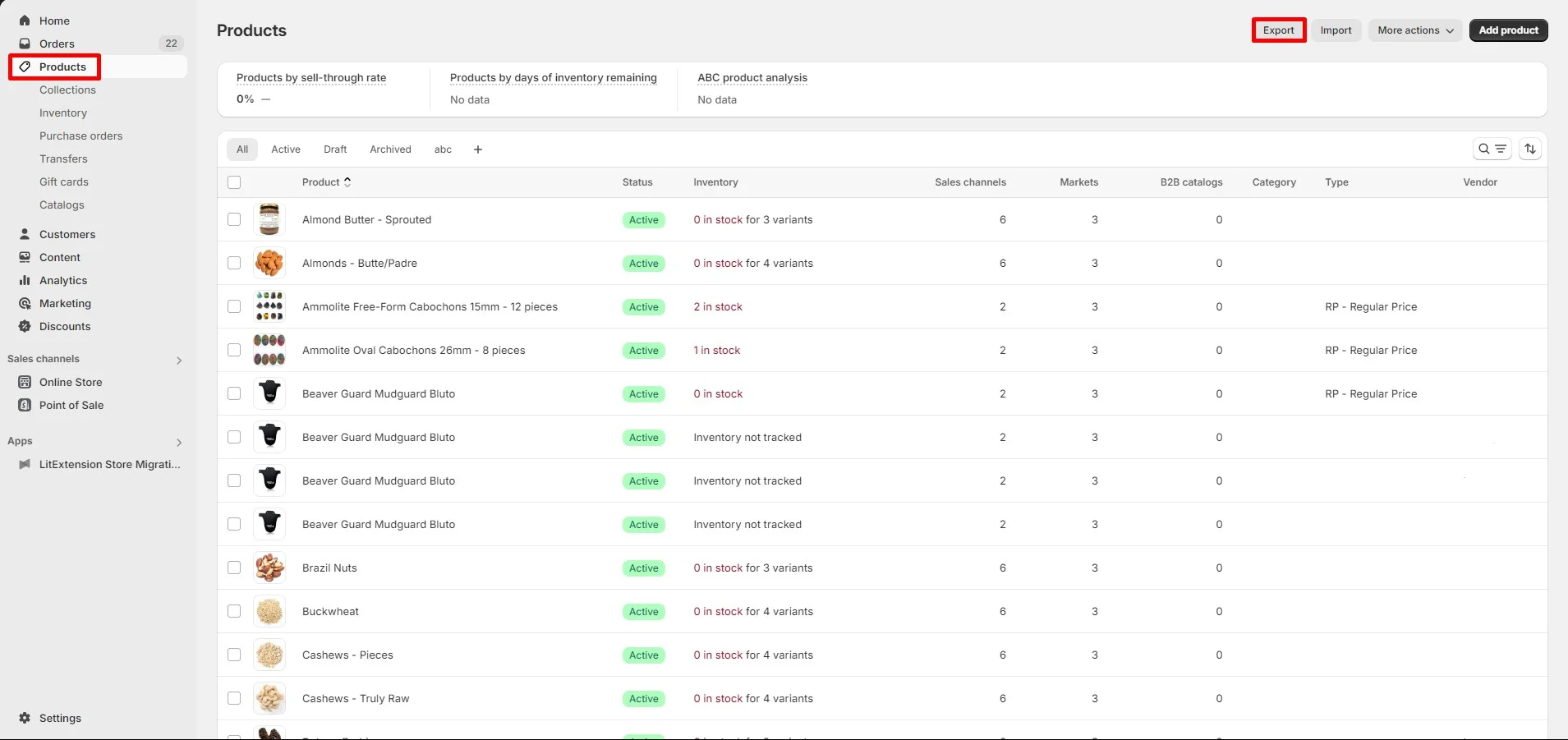 Shopify export products screen