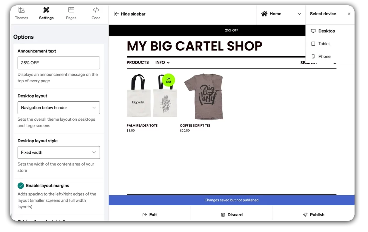 Big Cartel website design customization