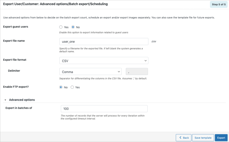 Step 5b: Configure advanced options for export