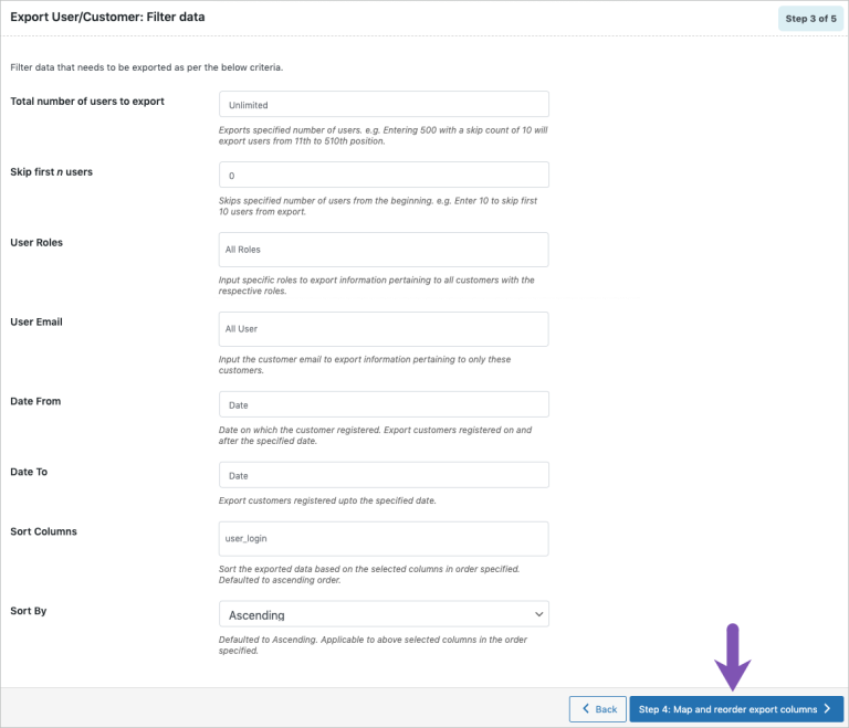 Step 3: Filter export data