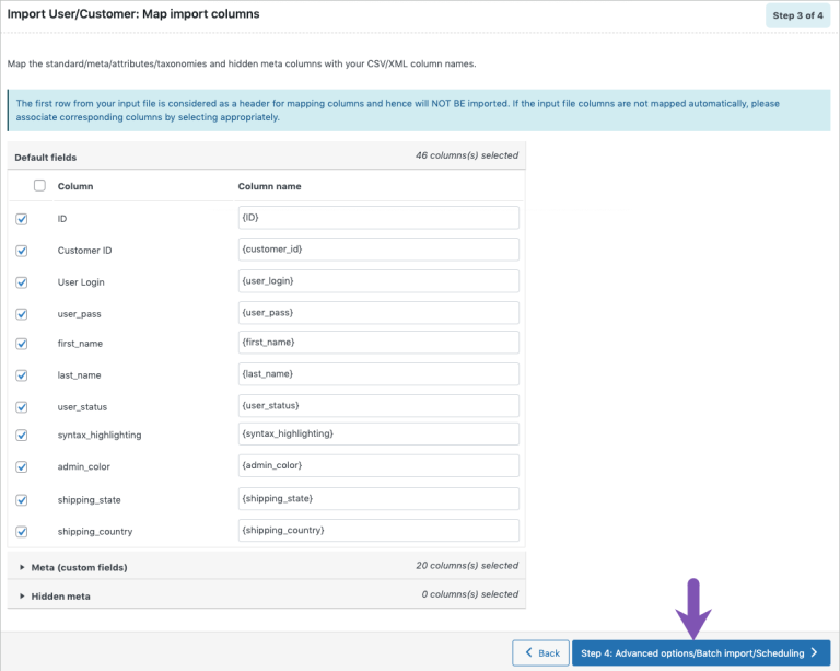 Step 4: Map import columns