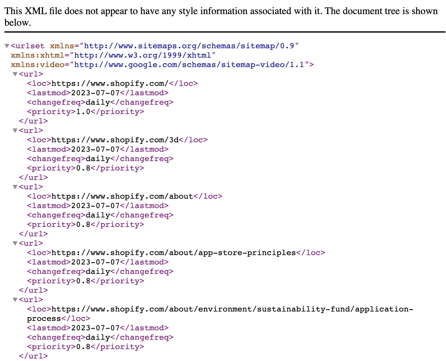 Shopify XML sitemap example