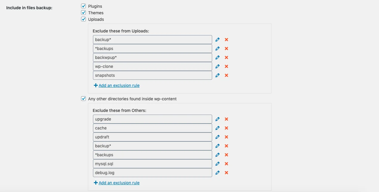 WordPress backup entities