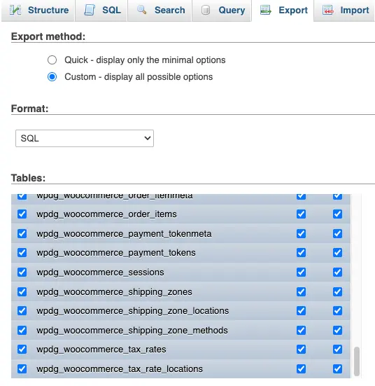 export-tab-in-phpmyadmin