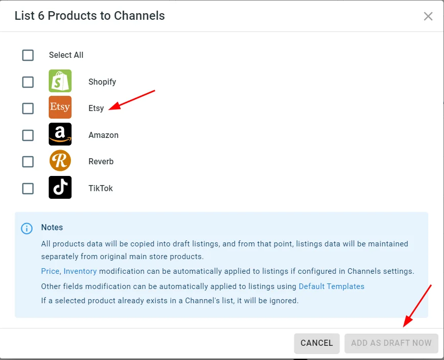 Step 4b: Select Etsy channel