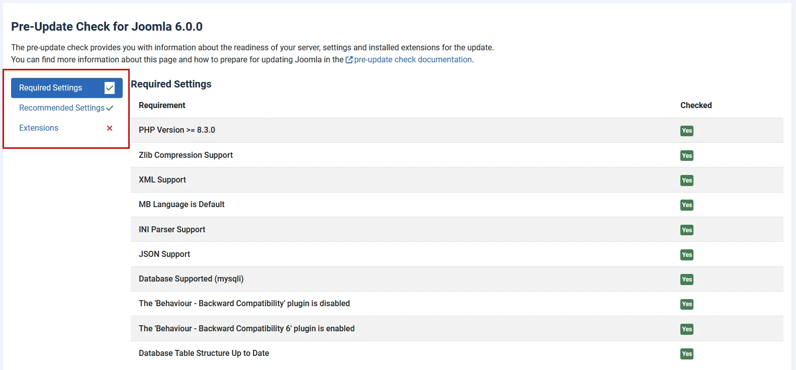 Pre-update check sidebar