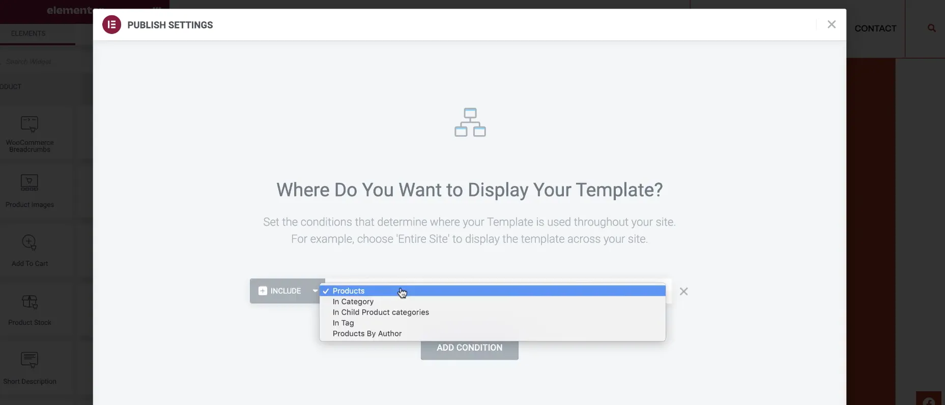 elementor product page display condition 1