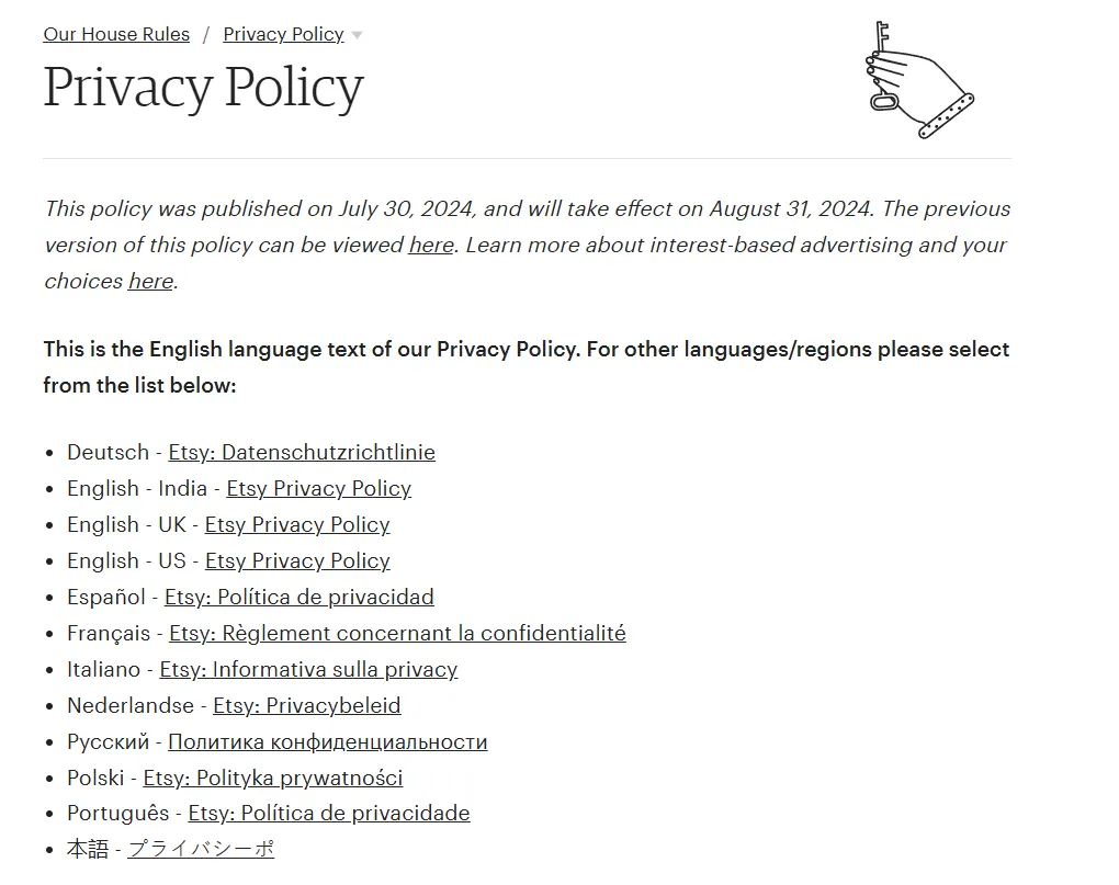 Etsy detailed privacy policy for both sellers and buyers