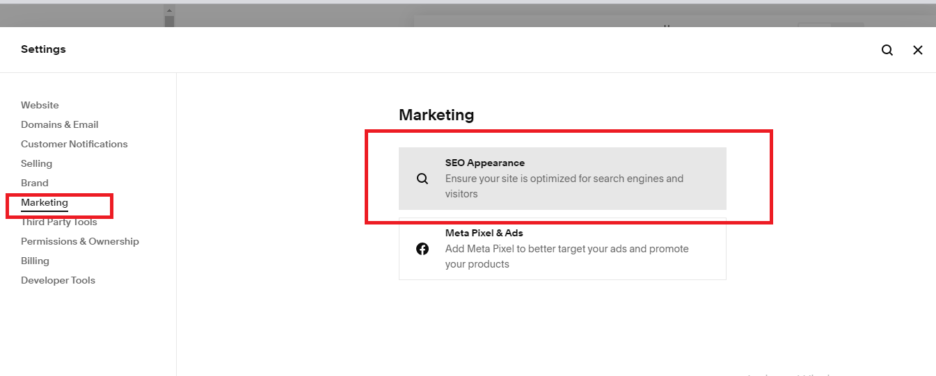 Go to "Marketing" > "SEO Appearance."