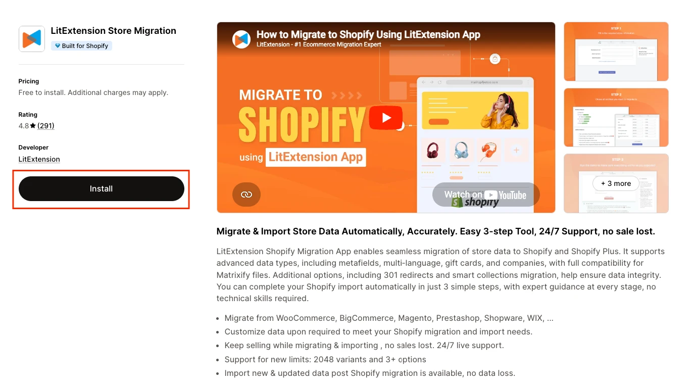 install litextension store migration on shopify for woocommerce to shopify migration