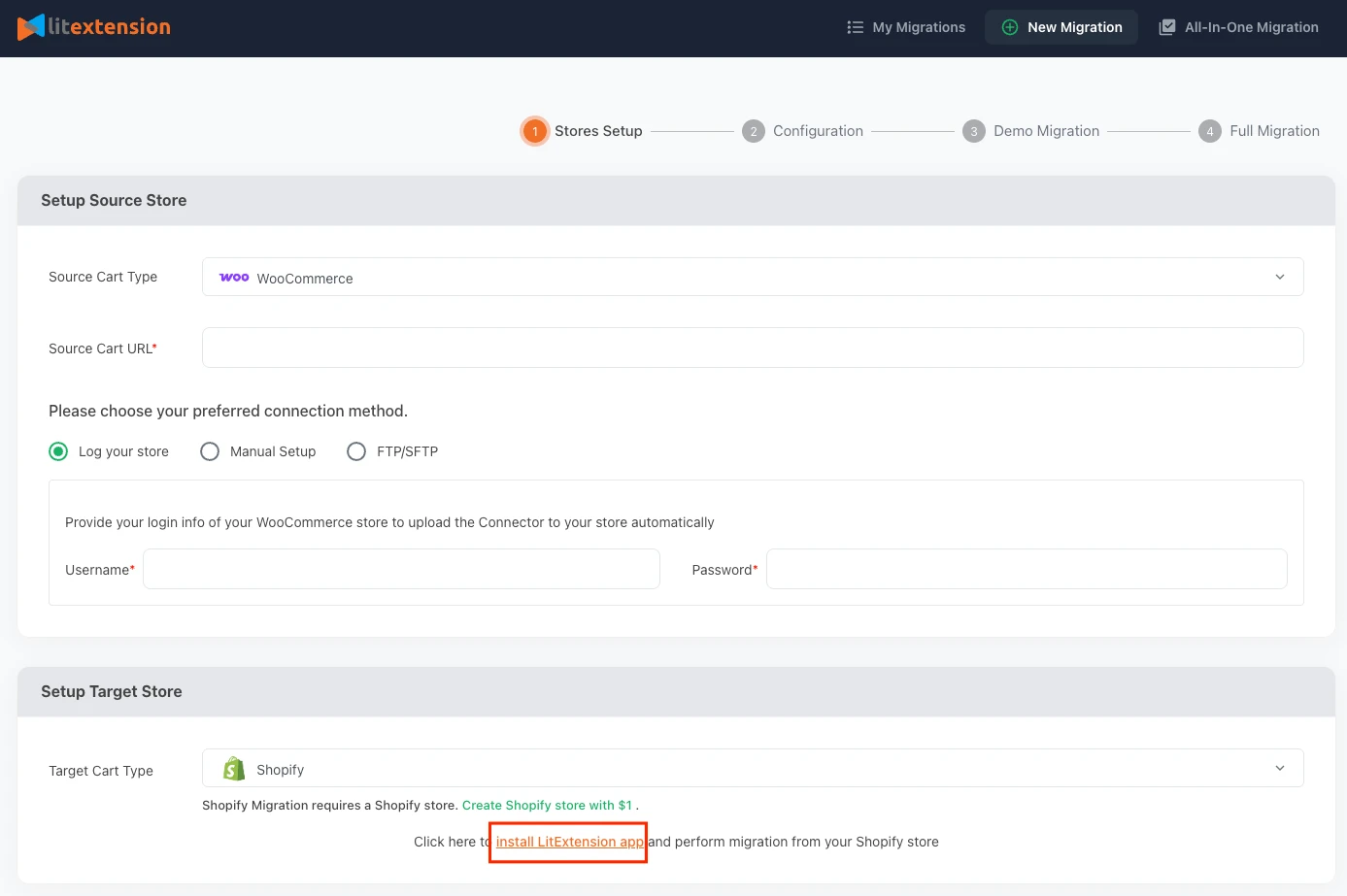 lite install shopify app for woocommerce to shopify migration