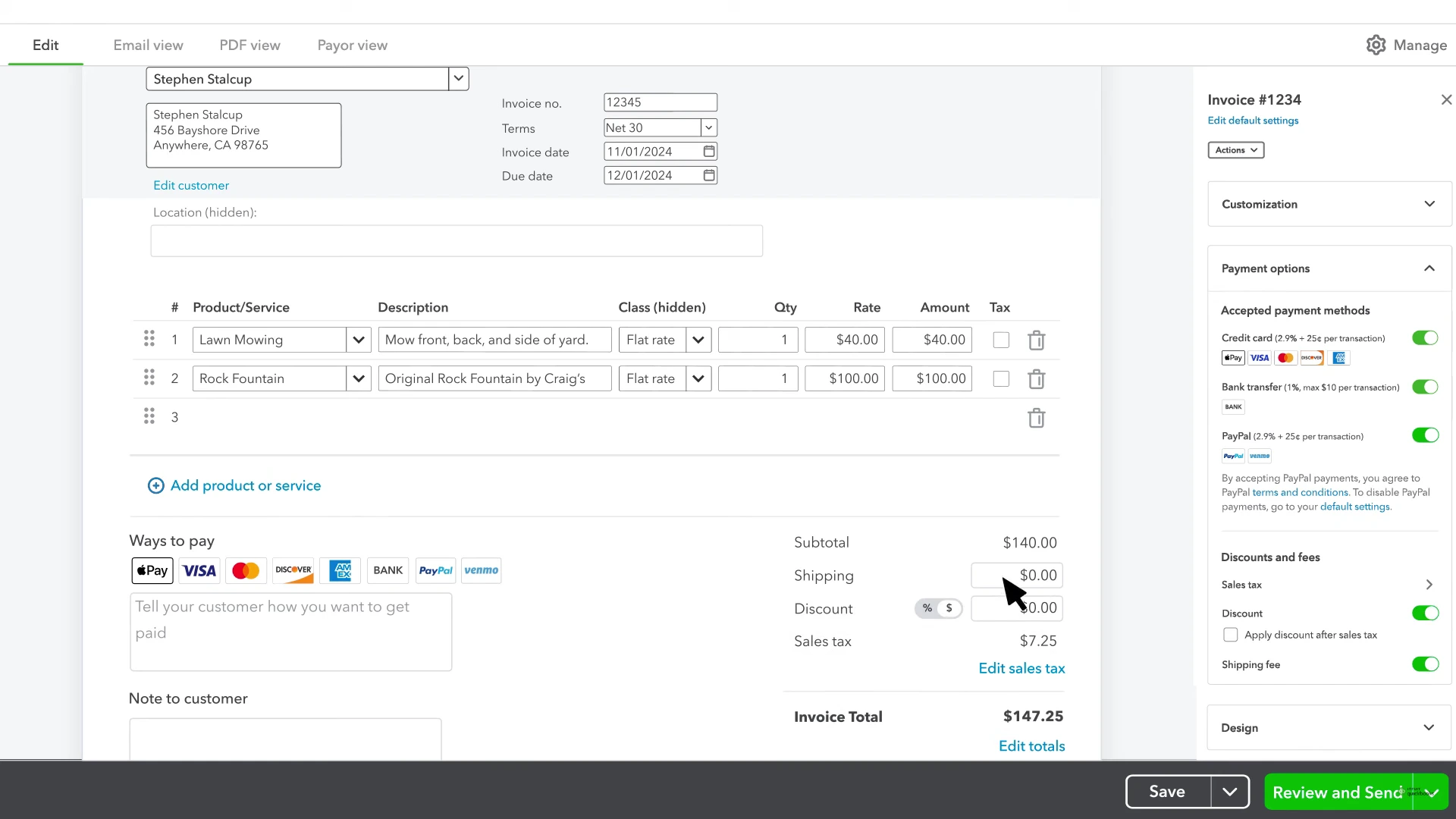 QuickBooks’ invoice editing interface