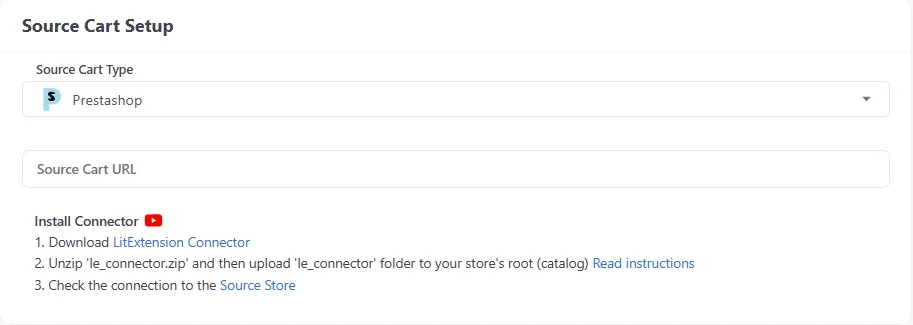 Set up PrestaShop as Source Cart type