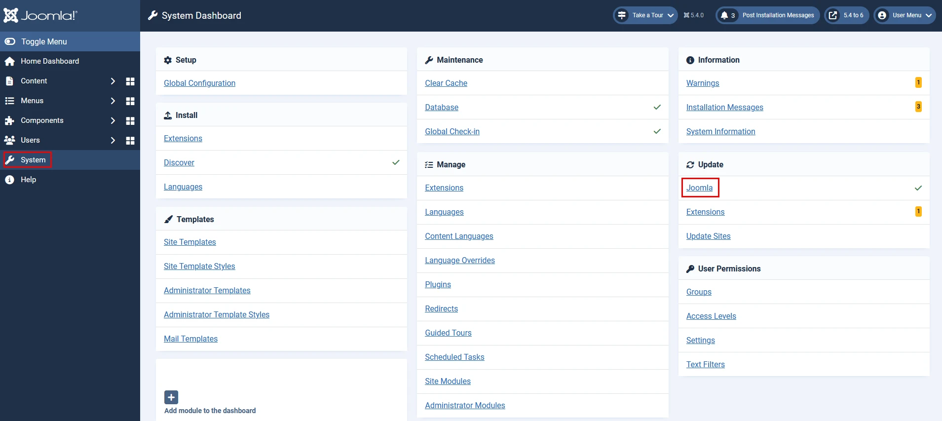 Go to Update > Joomla