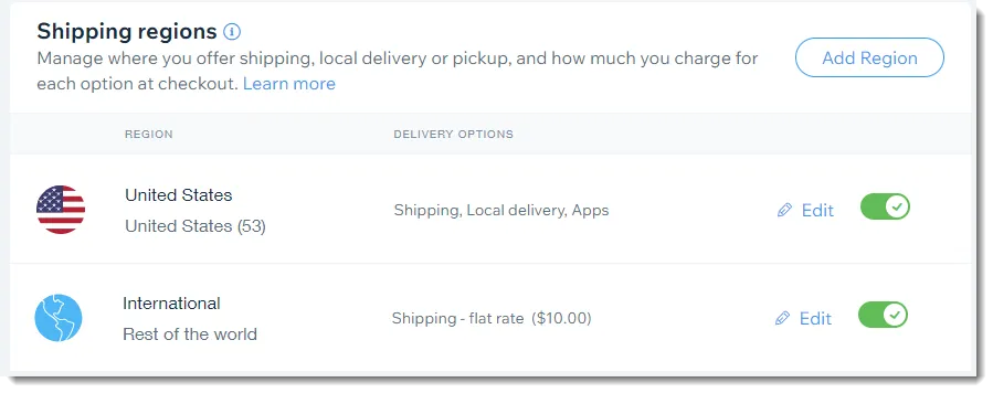 Wix shipping configuration