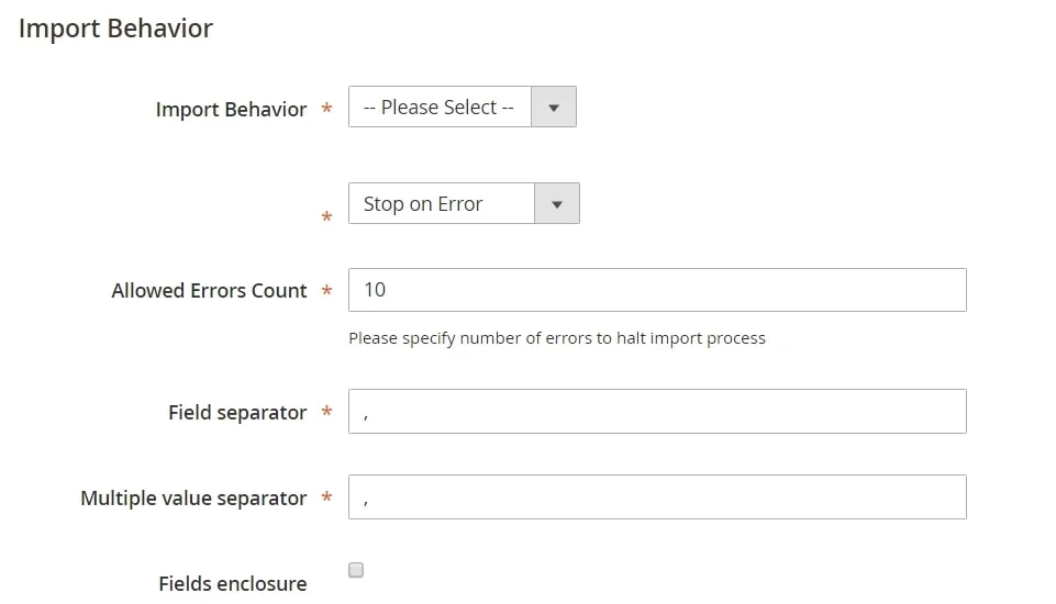 configure magento 2 import behavior