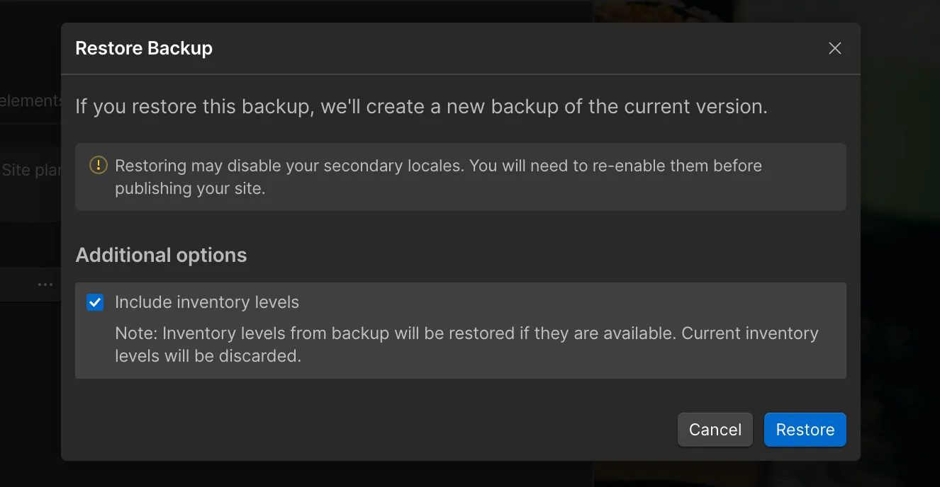 confirm Webflow backup restore