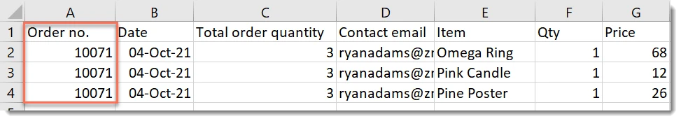 Exported orders list on Wix