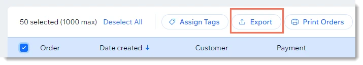 Hit export orders on Wix