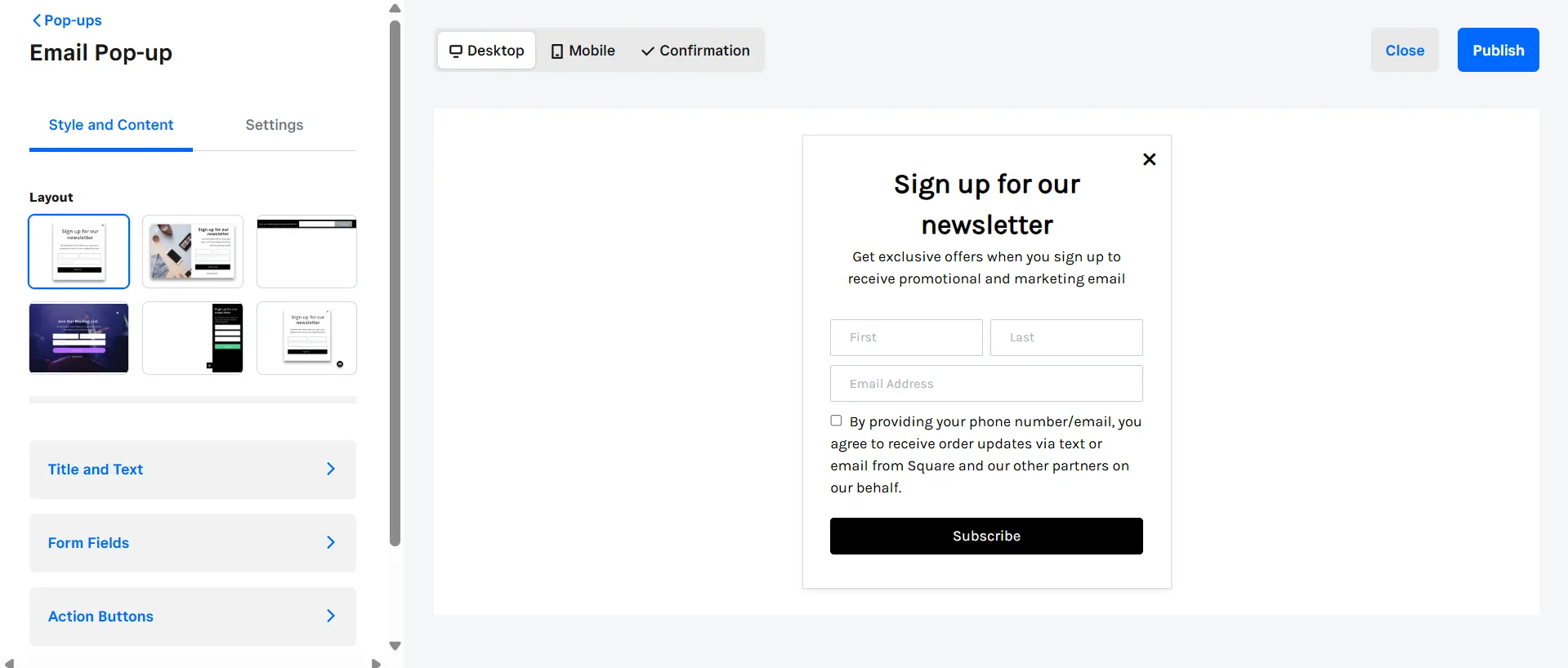 Weebly email pop-up