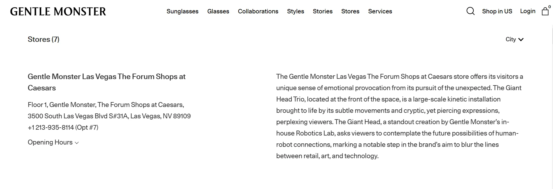 Gentle Monster displays store locations on their website, each with detailed description.