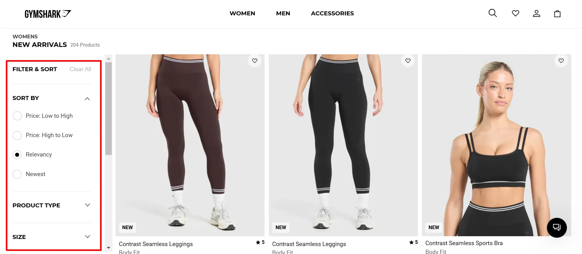 Gymshark offers product filters by price, relevancy, and newest items on their product pages.