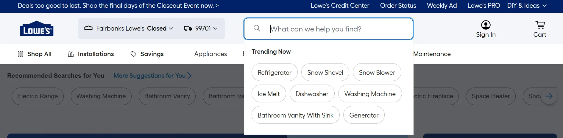 Lowe's features an internal search bar for quick product searches.