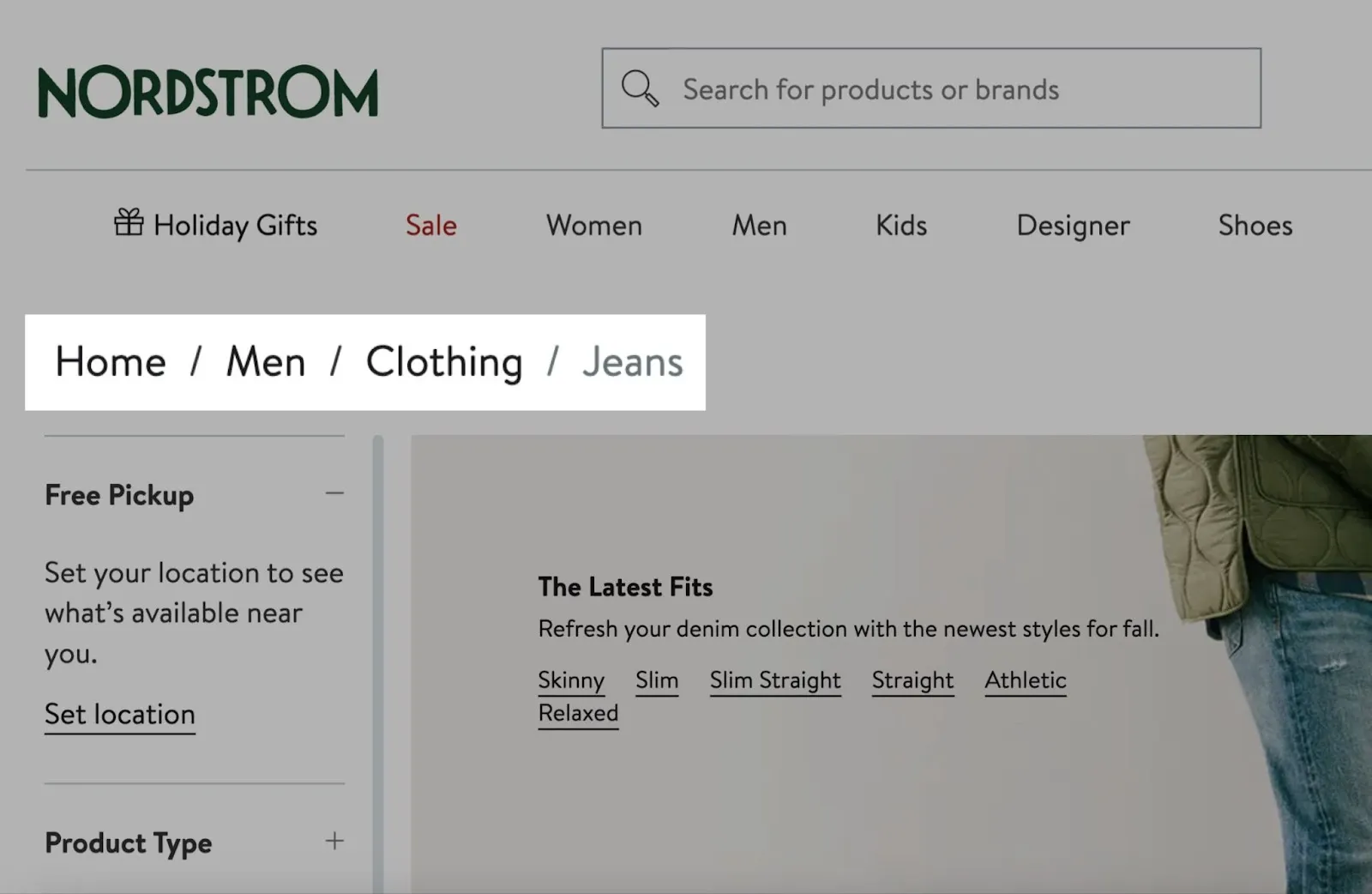 Nordstrom uses breadcrumb for easy site navigation.