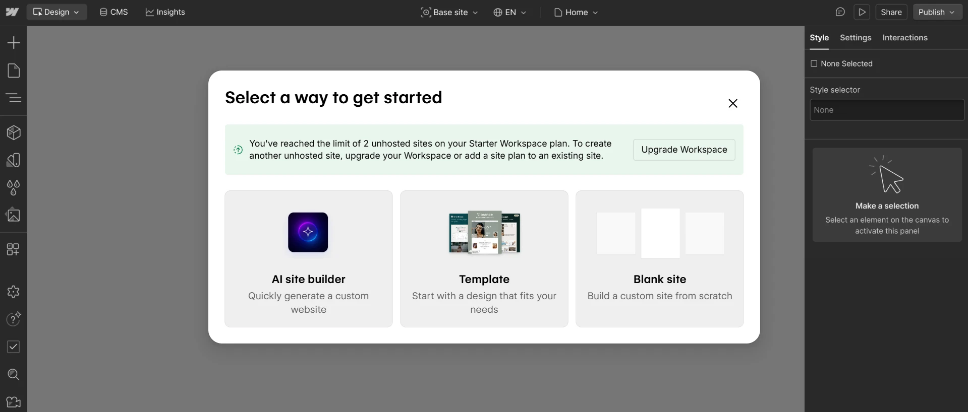 Select a way to get started on Webflow