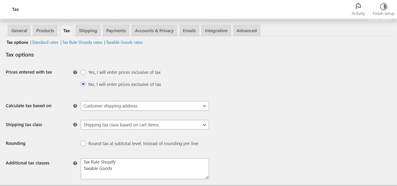 WooCommerce tax settings