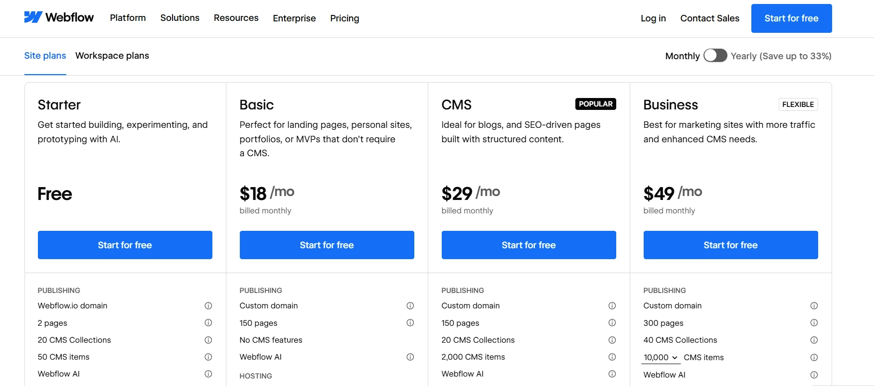 Webflow pricing plans