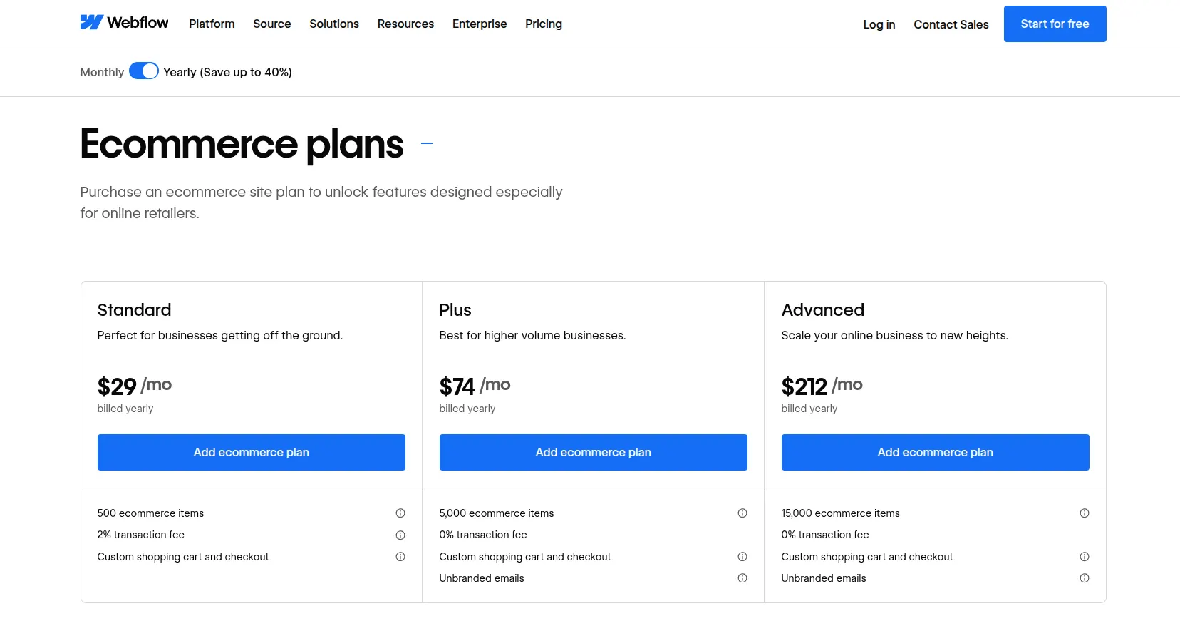 Webflow eCommerce plans