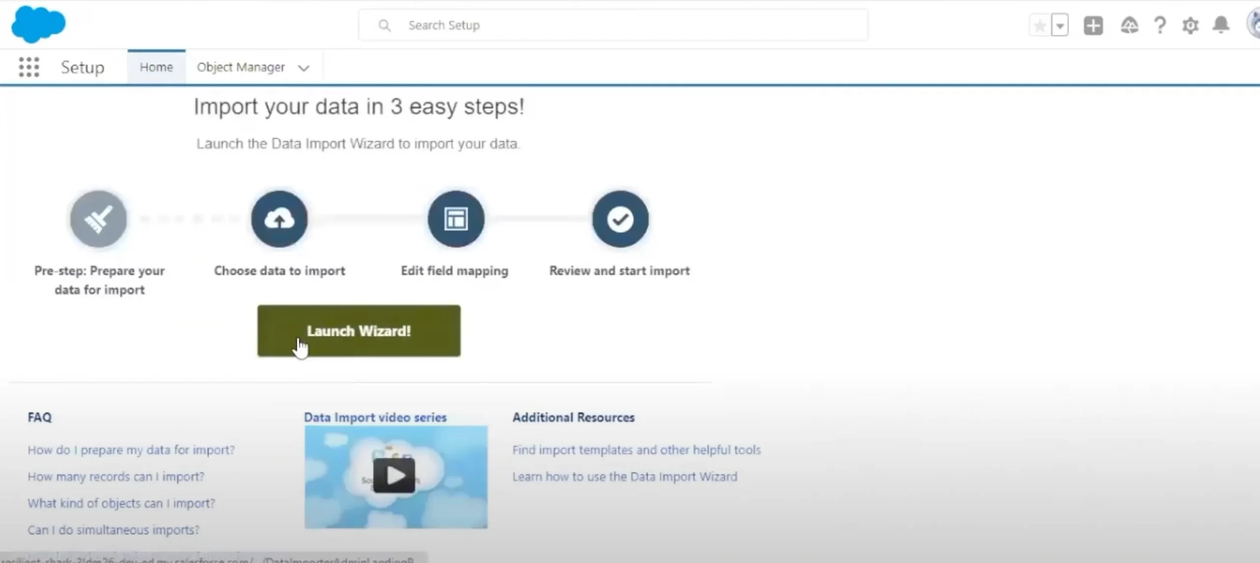 launch salesforce data import wizard