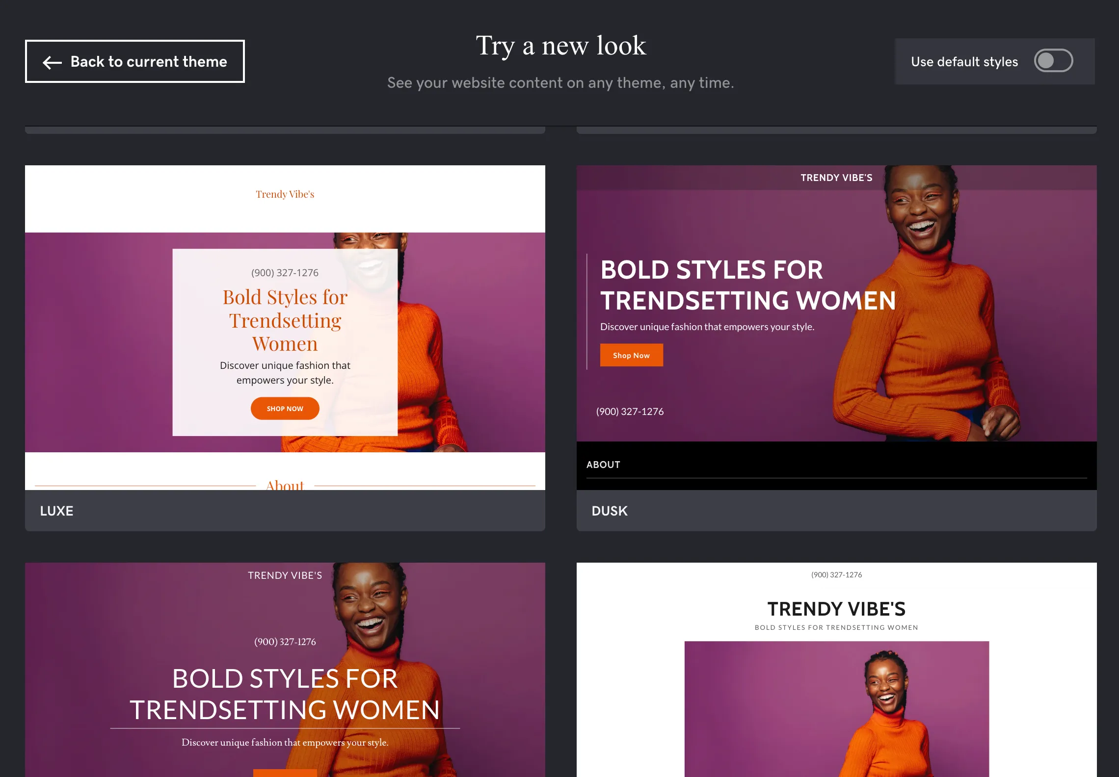 Alt: GoDaddy theme layout options