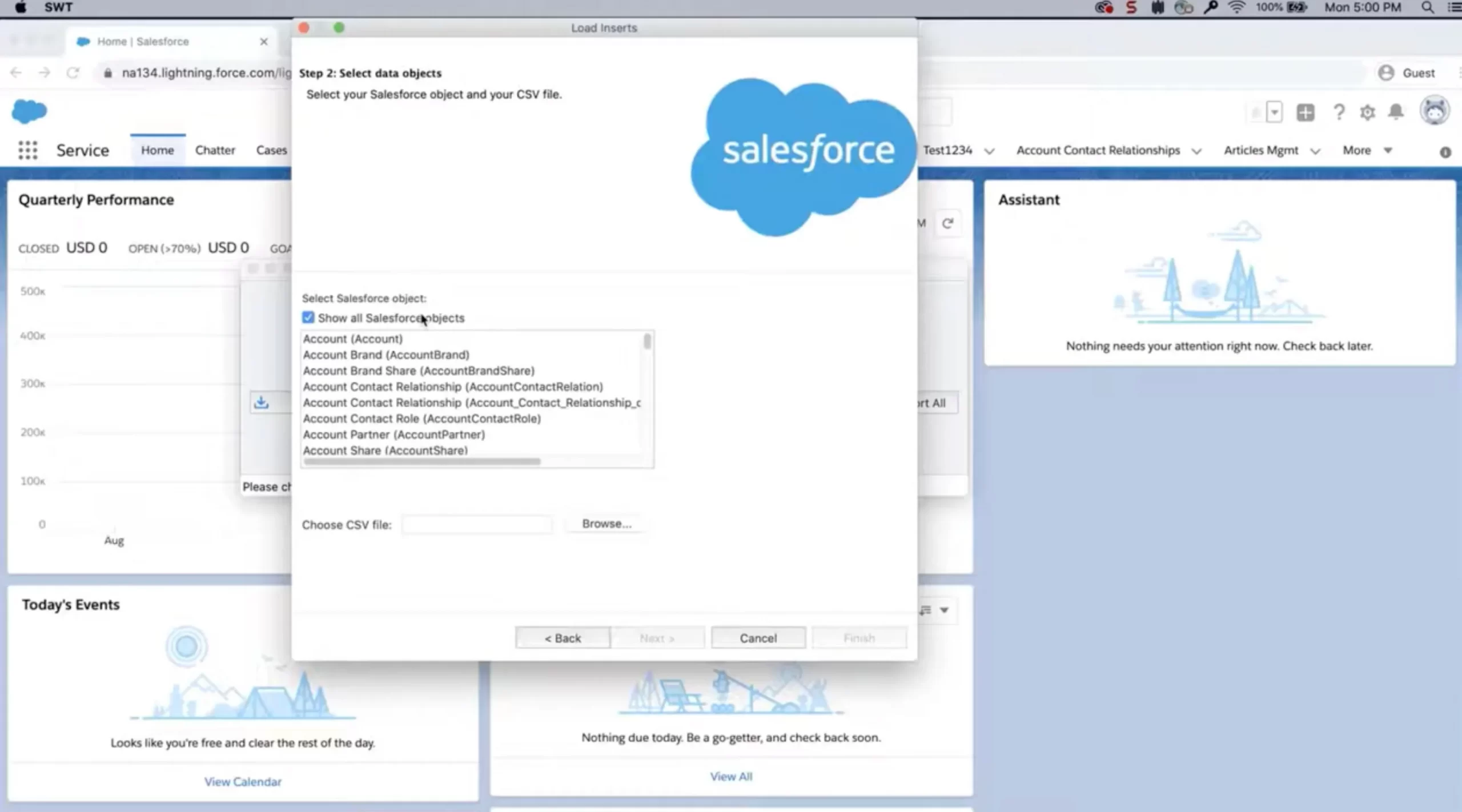 Pick the object (e.g., Account, Contact, Custom Object) and upload your CSV file.