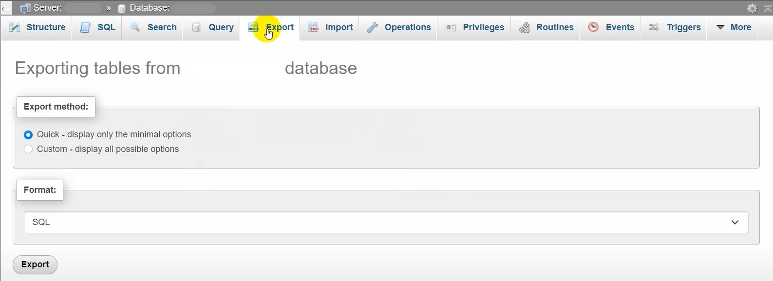 Export Joomla database