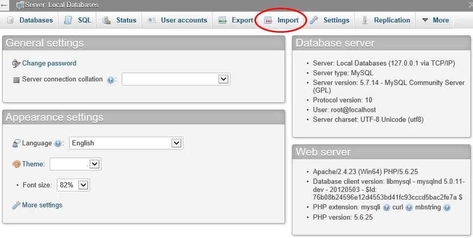 Import database phpMyAdmin