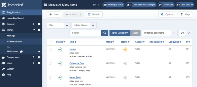 Joomla dashboard