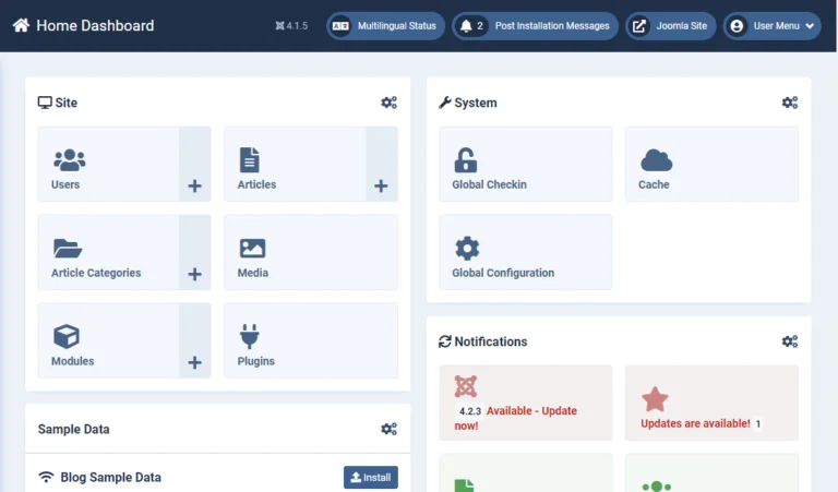 Joomla home dashboard