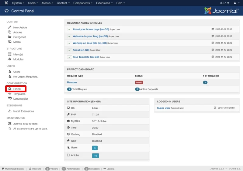 Navigate to Joomla Global Configuration