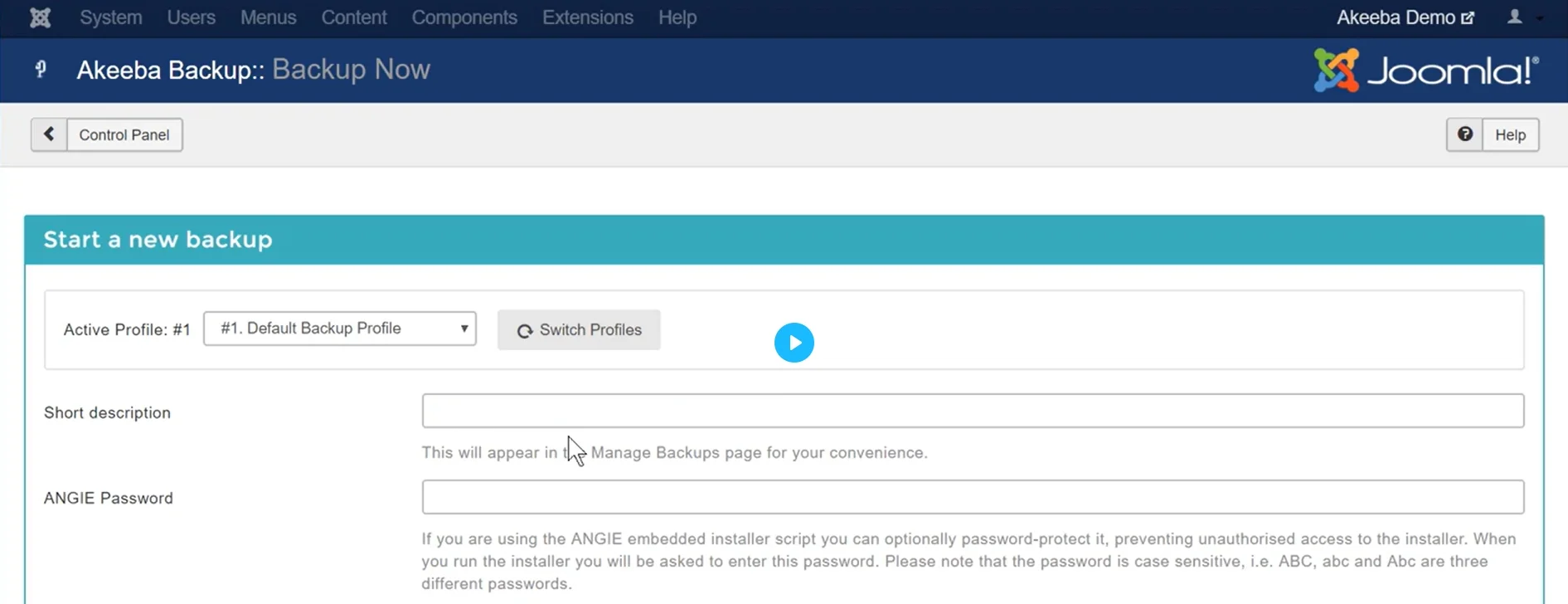 Start a new Joomla backup