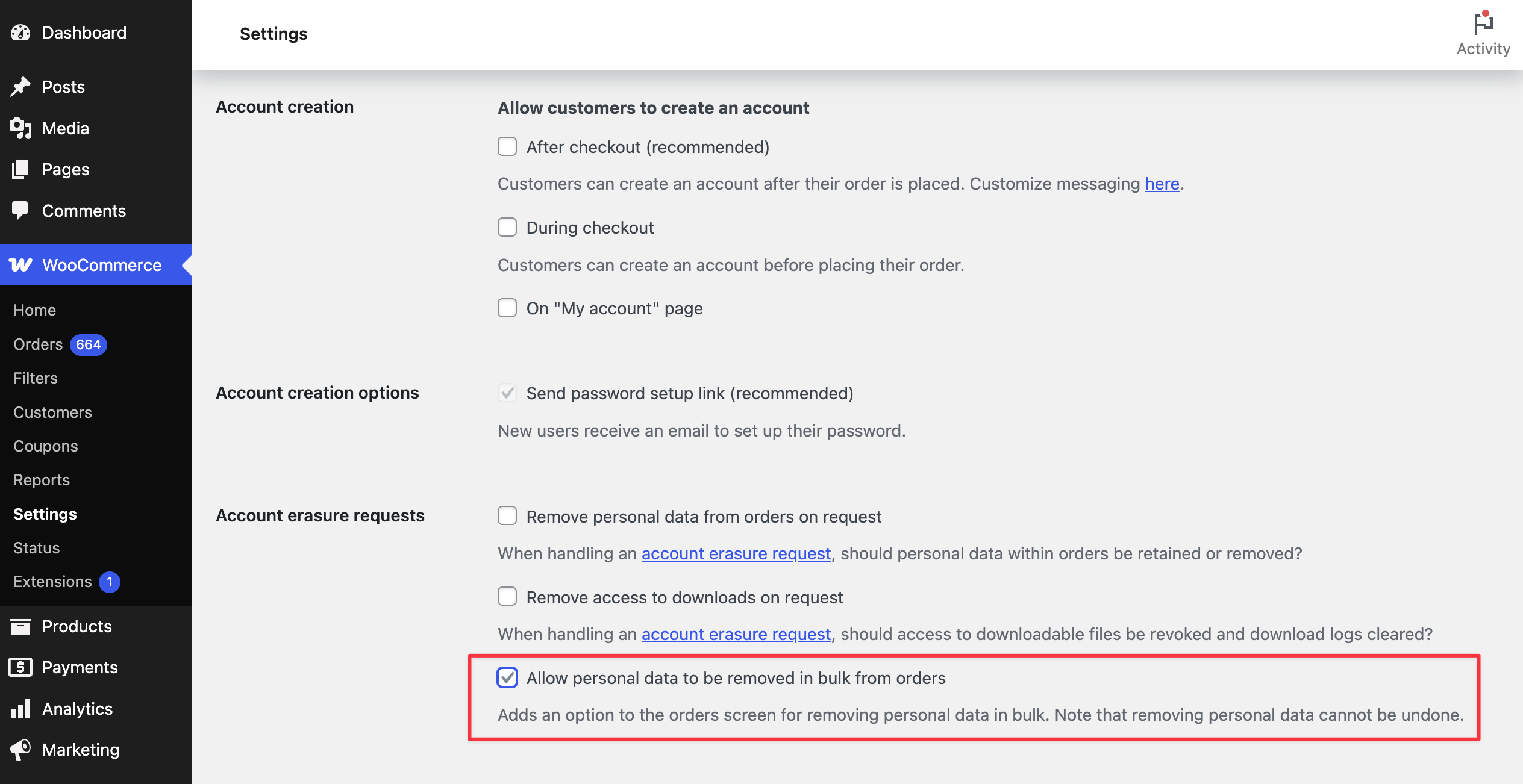 Allow personal data to be removed in bulk from orders