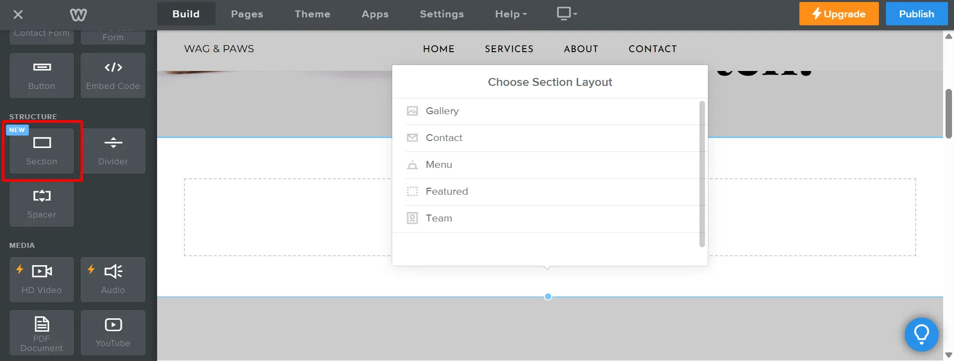 Add new section Weebly