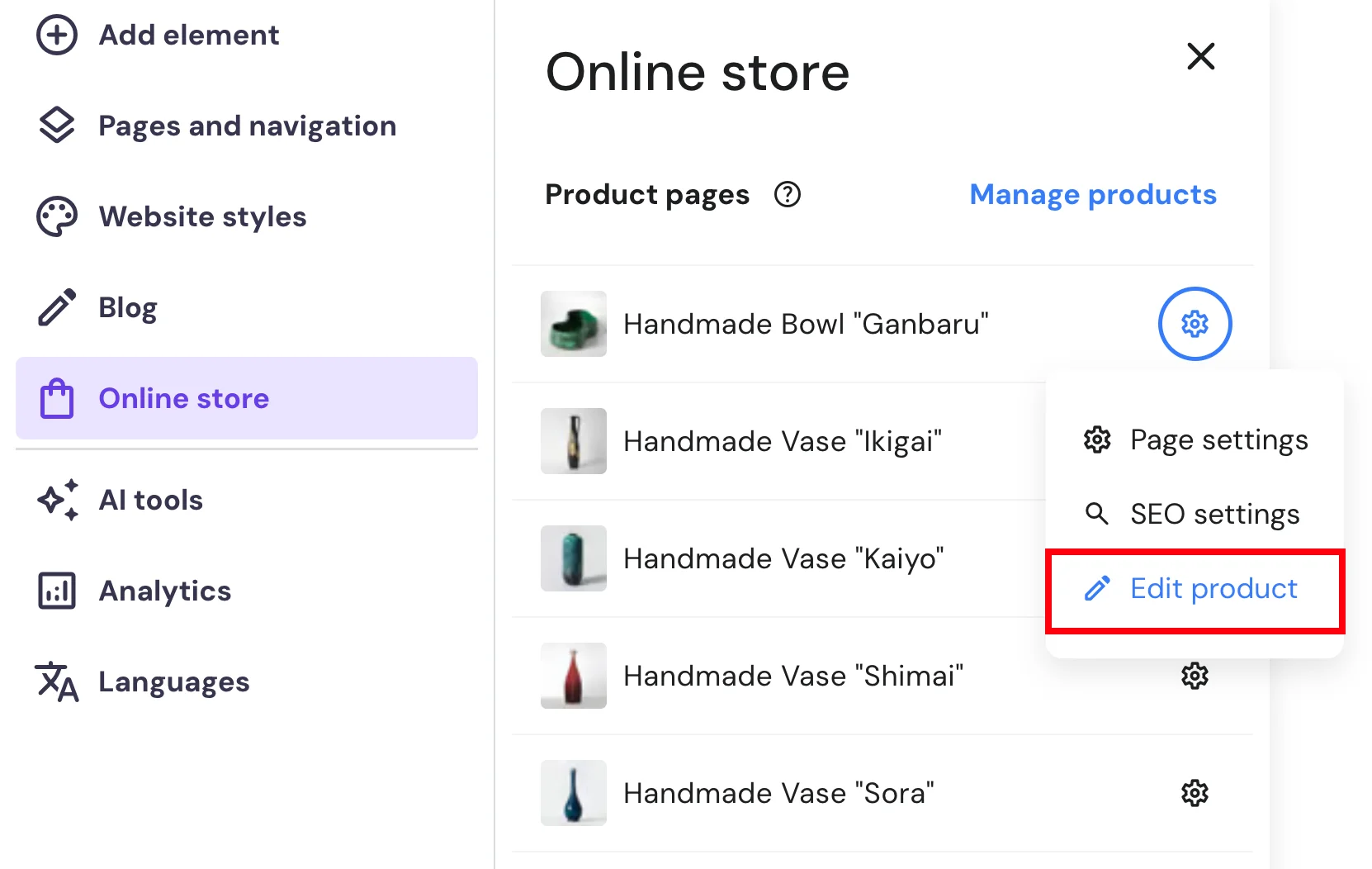 Edit products on Hostinger