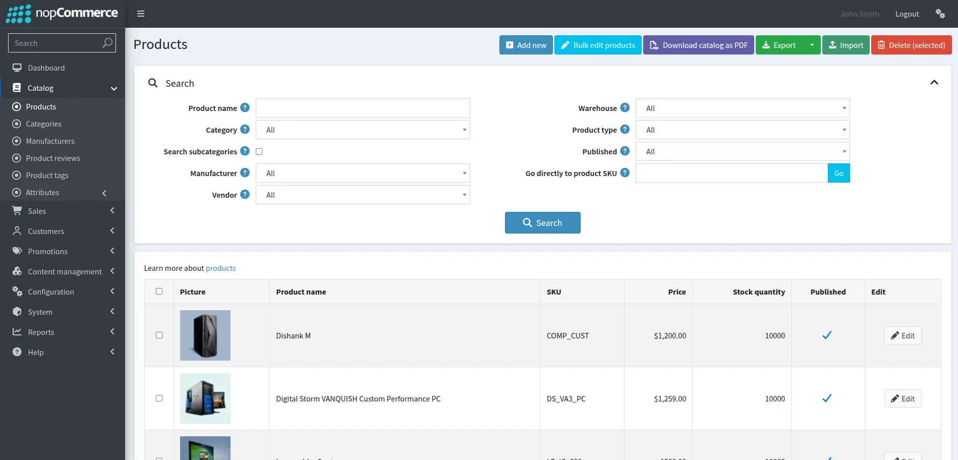 nopCommerce products dashboard