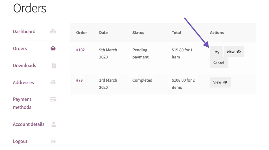 Pay orders from My account page