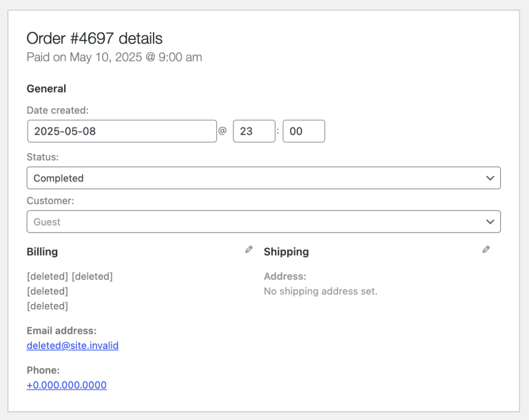 An order with removed information