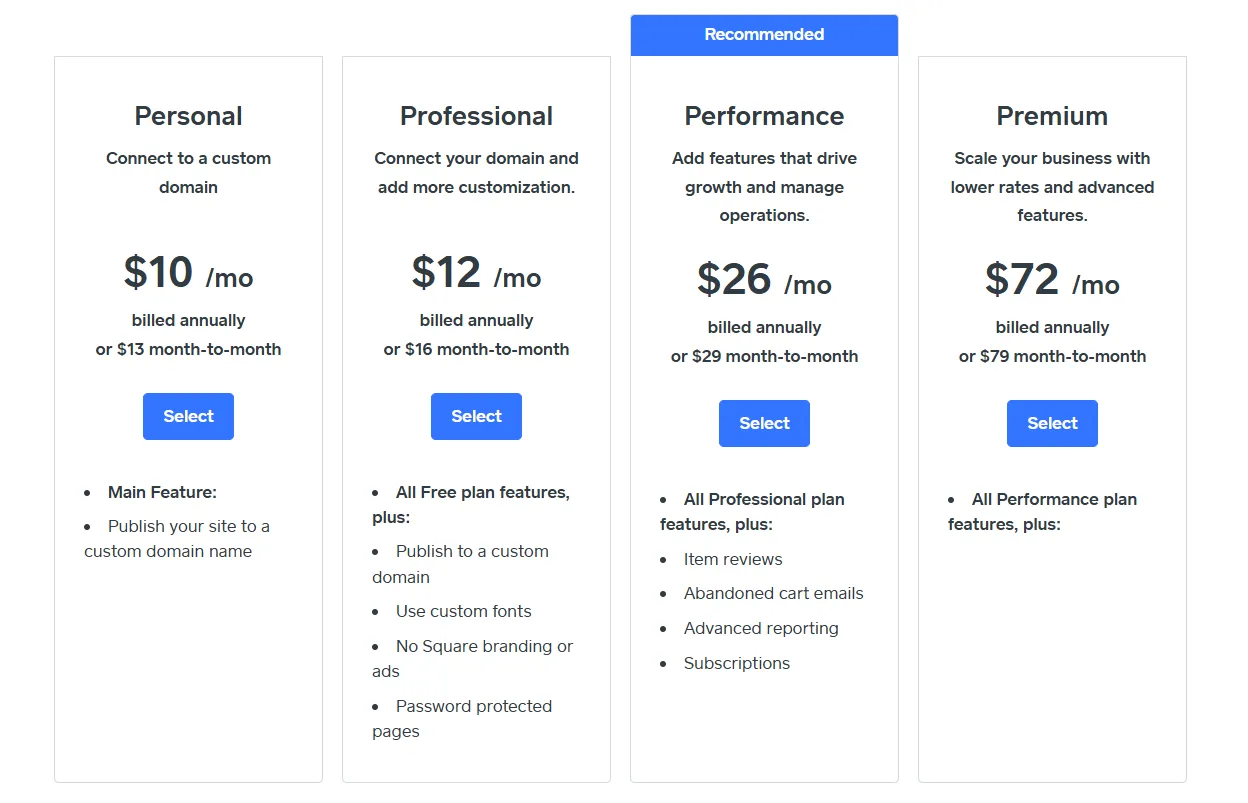 Weebly pricing plans