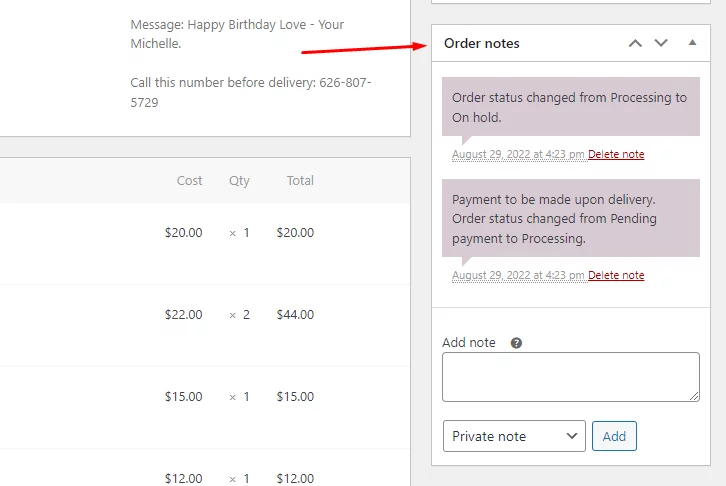 WooCommerce create order notes