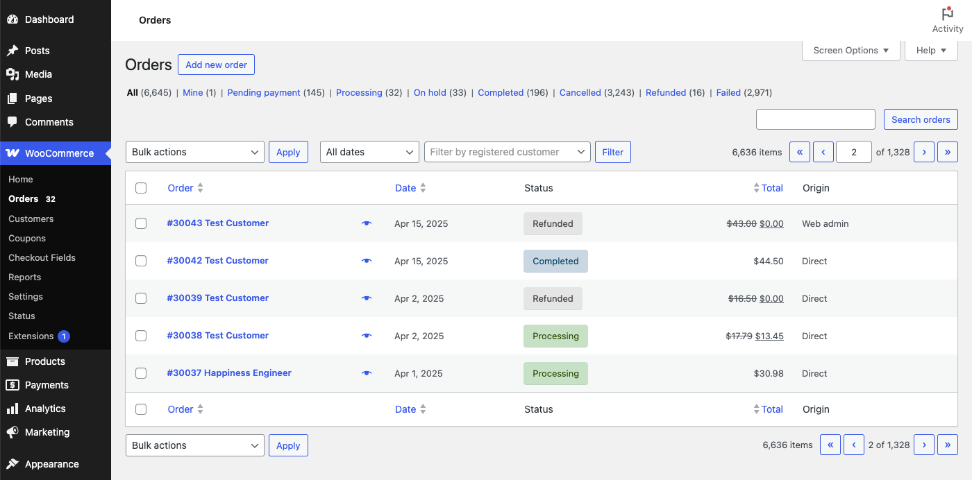 WooCommerce order management dashboard